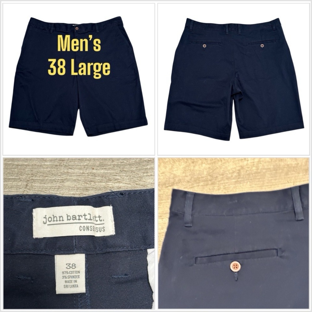 Men's John Bartlett 38 L Golf Khakis Chino Flat Front Shorts Navy Blue Spandex